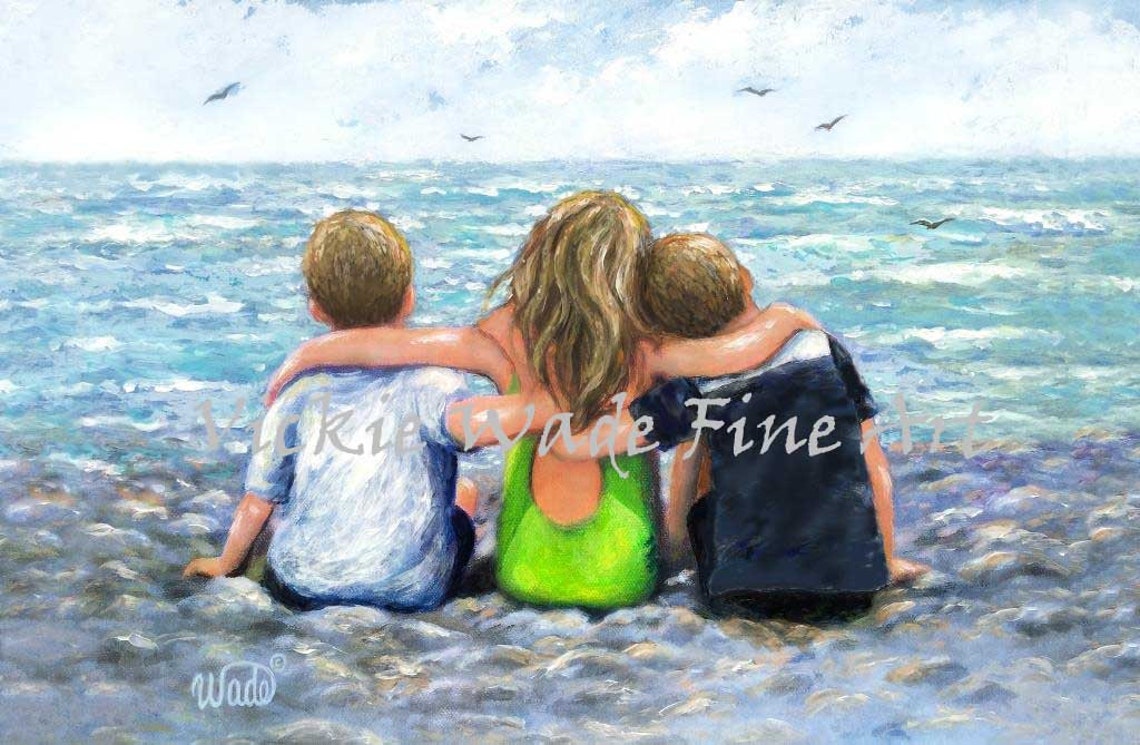 Two Brothers and Sister Sitting on Rocks by the Ocean Poster