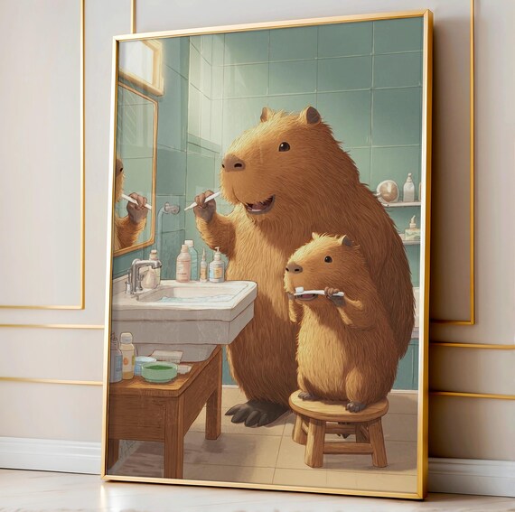 Capybara Family Brushing Teeth Funny Bathroom Kids Nursery Art Print