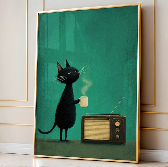 Black Cat With Coffee Listening To Vintage Radio Whimsical Art Poster