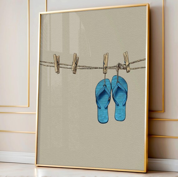 Minimalist Tiny Blue Flipflops Print Coastal Clothesline Wall Art Modern Summer Apartment Decor Illustration