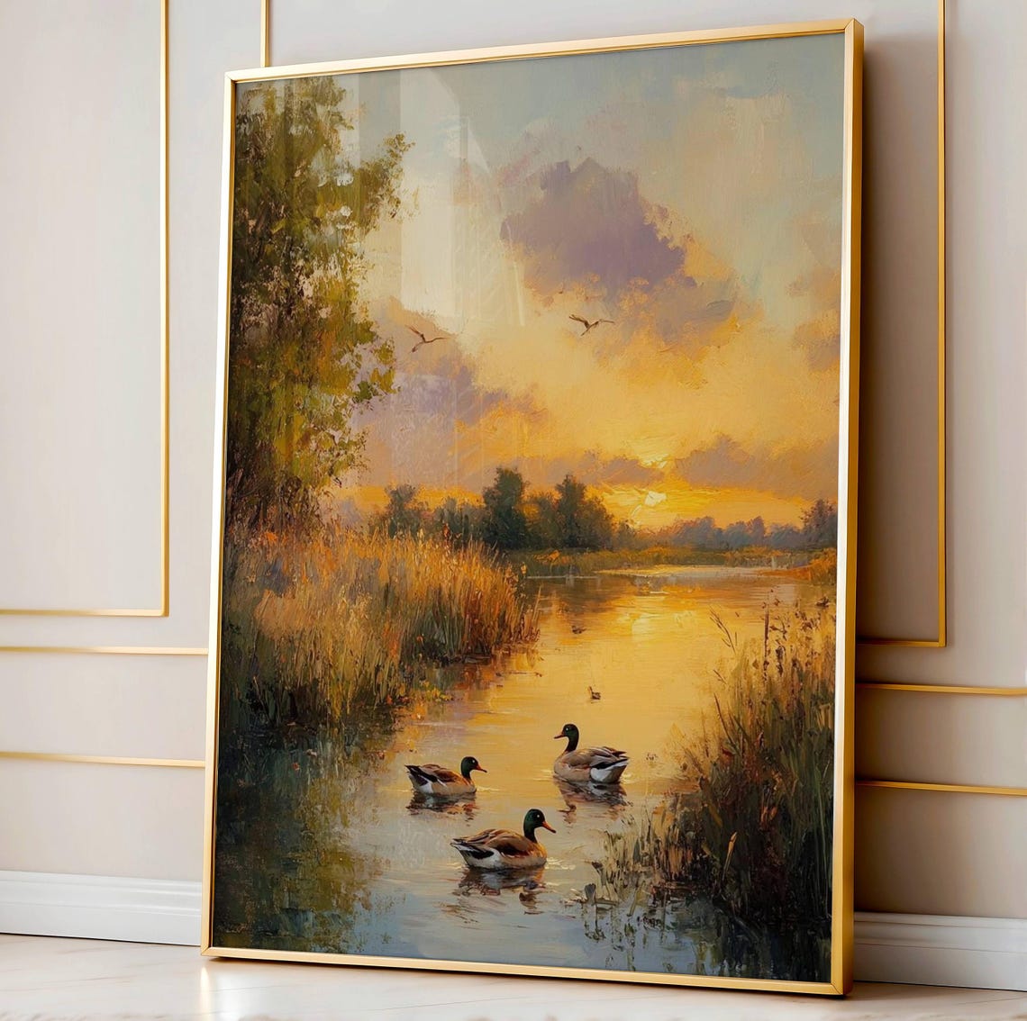Mallard Ducks Golden Sunset Pond Vintage Landscape Art Poster