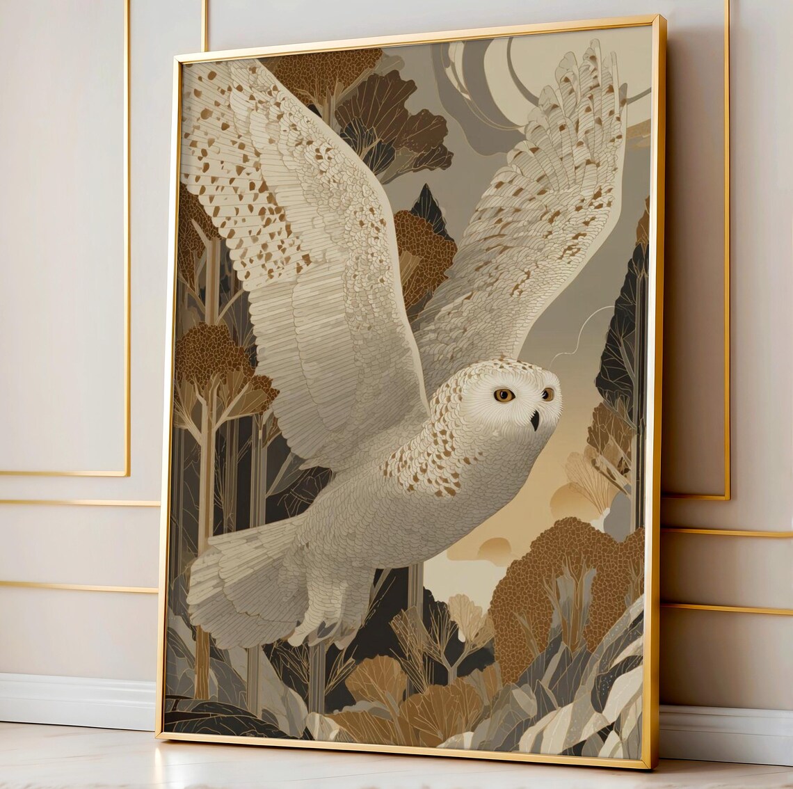 Snowy Owl In Flight Art Deco Forest Illustration Bird Poster Art