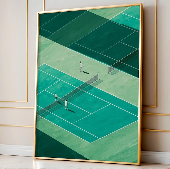Aerial Tennis Doubles Match on Emerald Green Courts Sports Poster