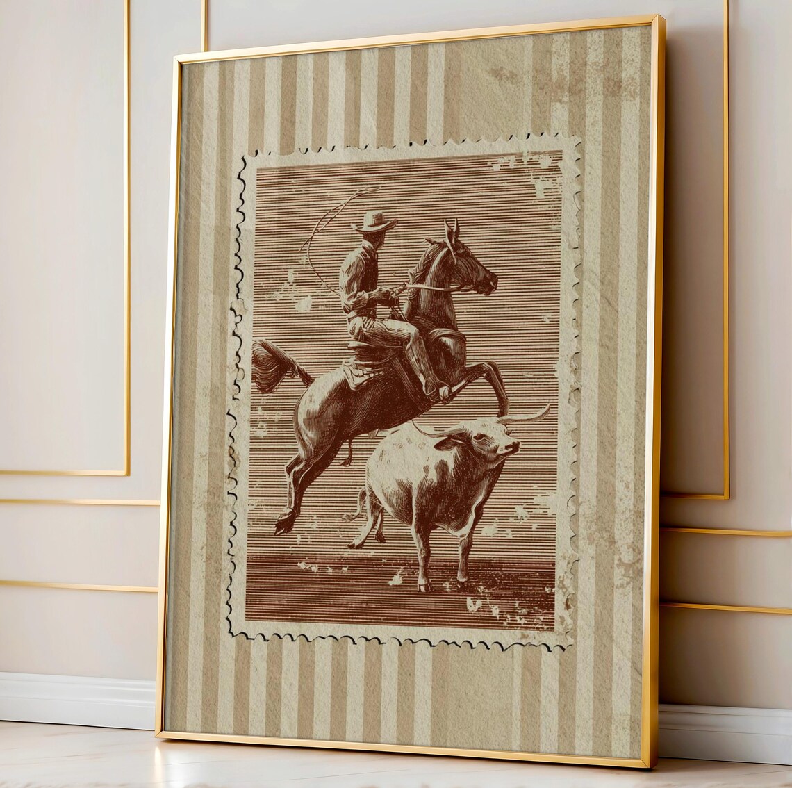 Vintage Cowboy Lasso Rodeo Stamp Style Western Sepia Art Poster