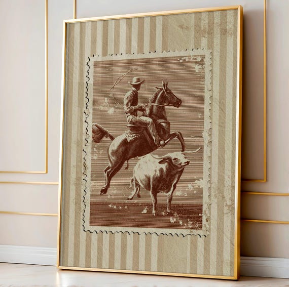 Vintage Cowboy Lasso Print Western Rodeo Wall Art Rustic Mid Century Modern Stamp Poster Retro Farmhouse Ranch Decor