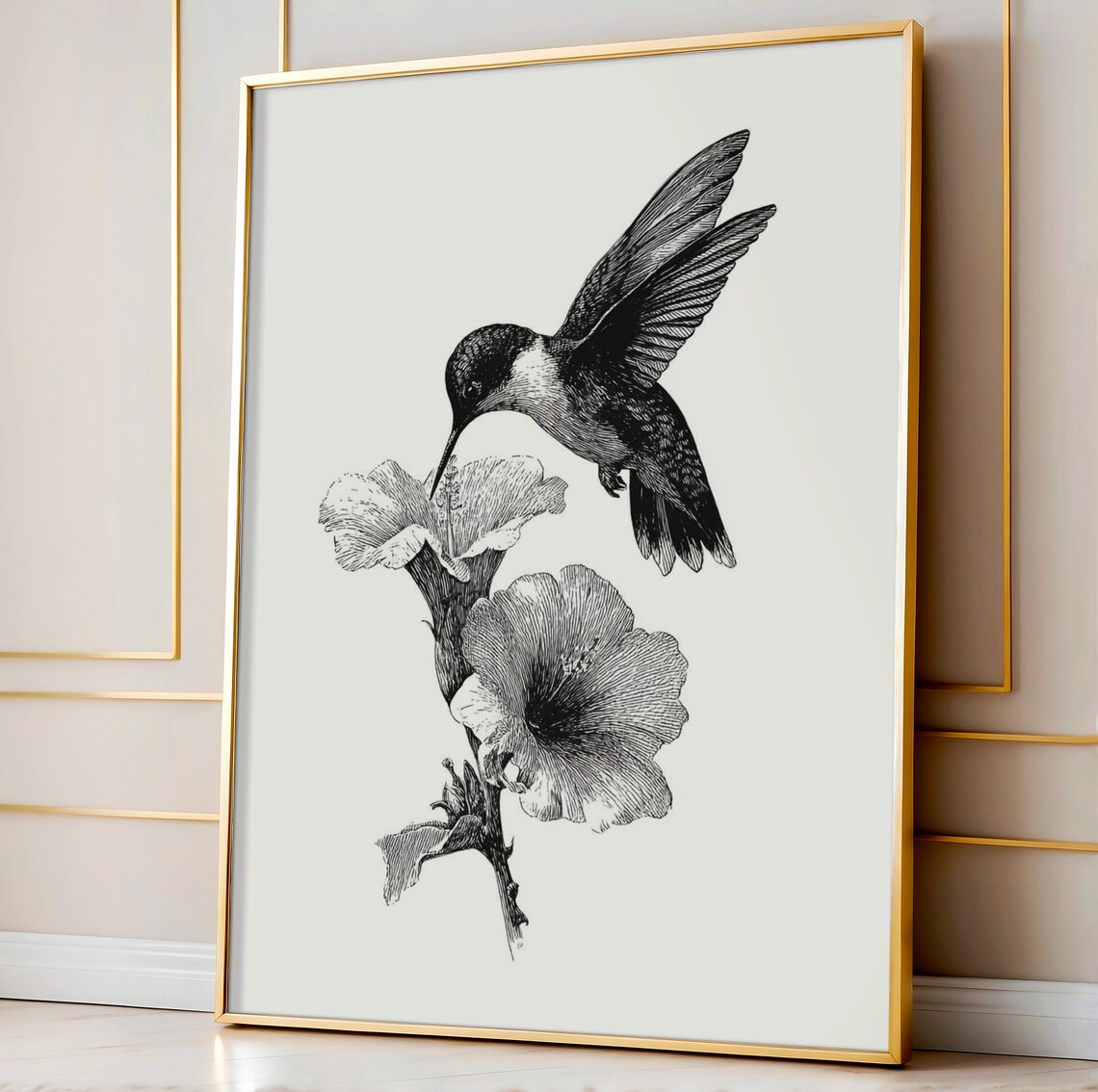 Hummingbird Feeding At Hibiscus Flower Vintage Engraving Art Poster