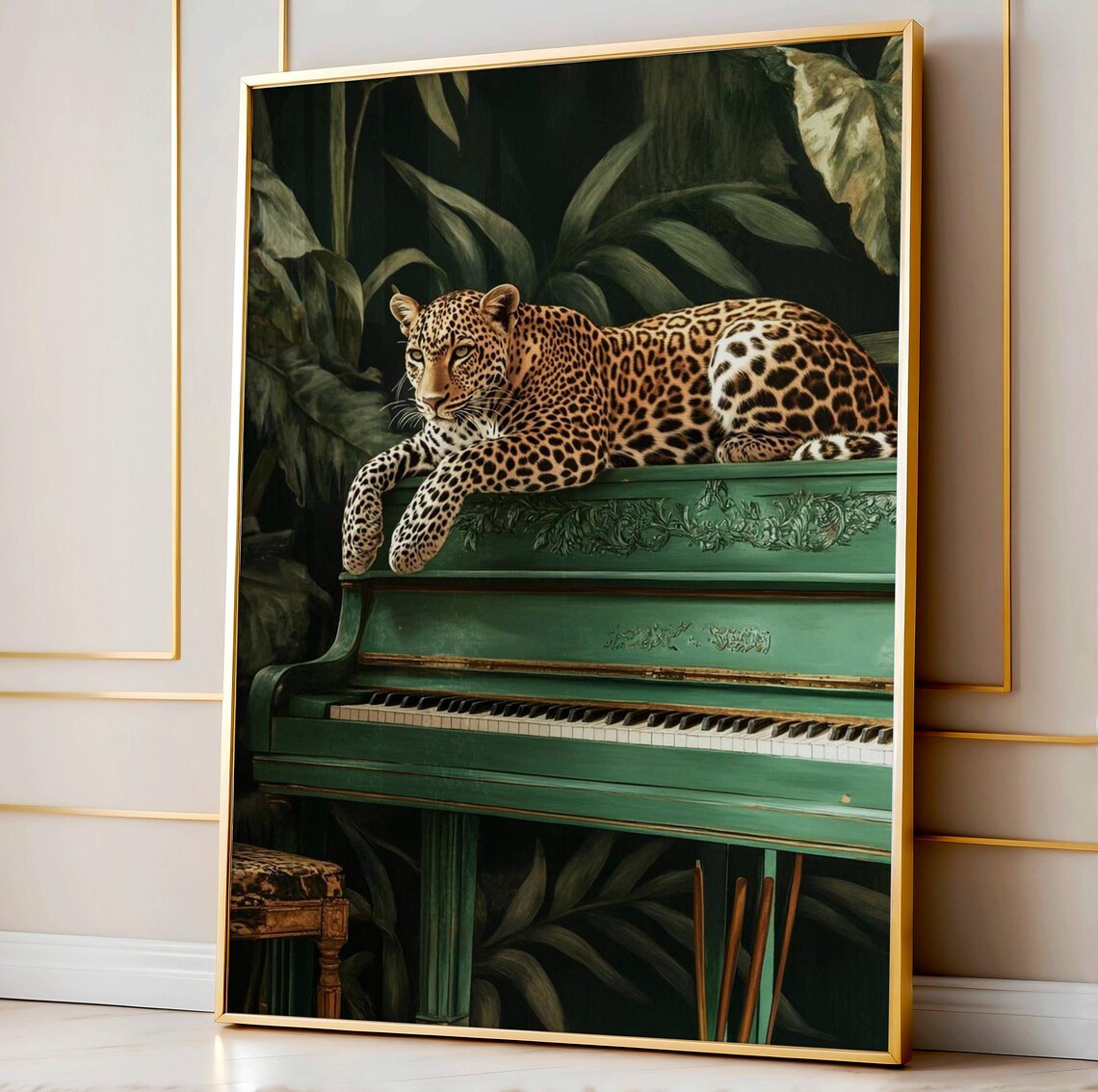 Leopard On Piano, Maximalist Animal Art Print