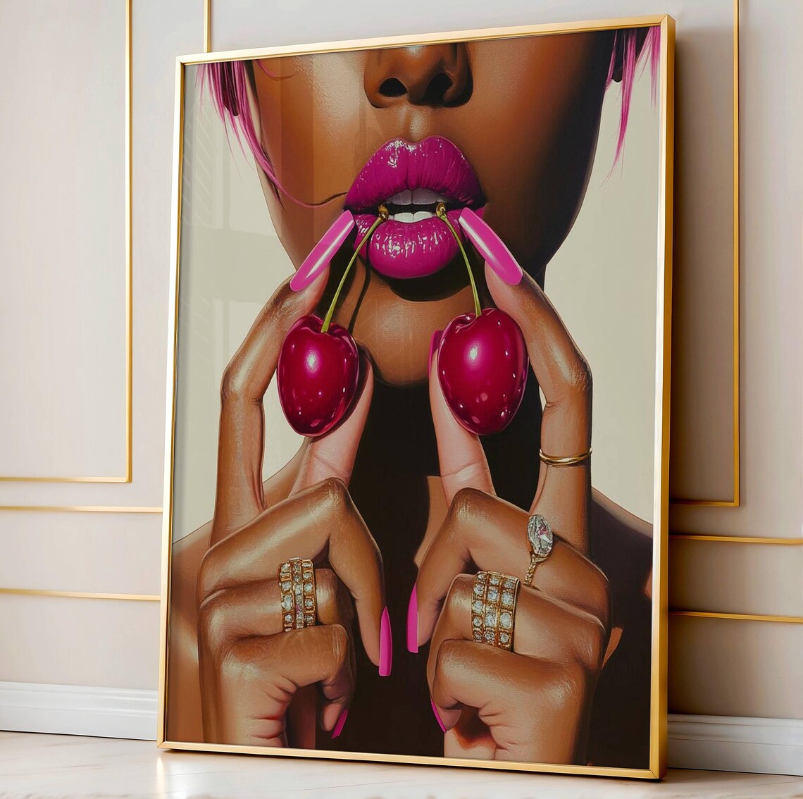 Pink Cherry Lips Glossy Glam Beauty Fashion Makeup Art Poster