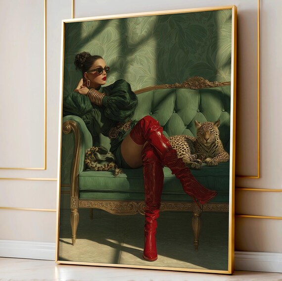 Cheetah Fashion Diva Print Green Velvet Couch Poster Red Boots Illustration Luxe Mood Wall Art For Glam Interiors