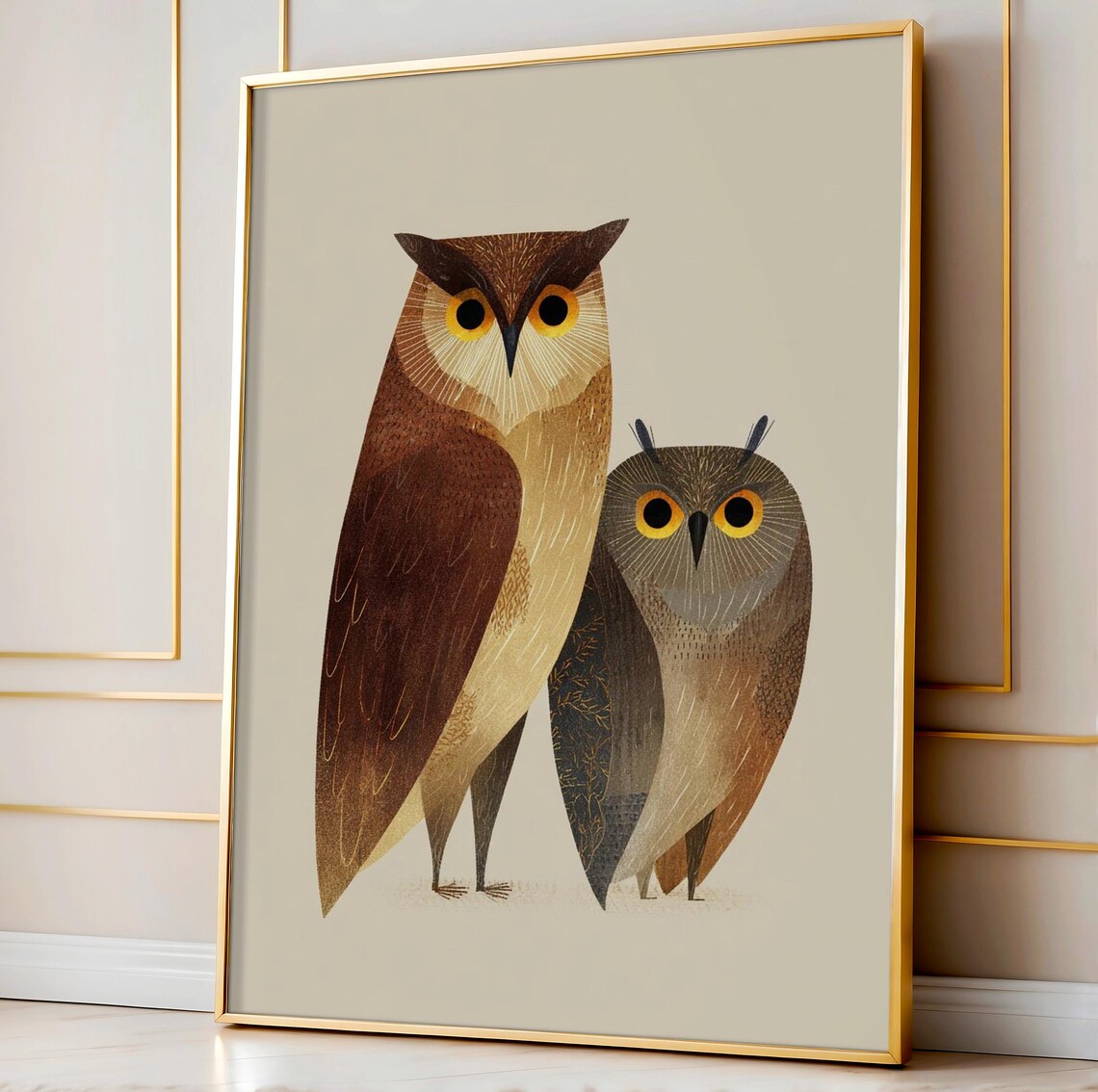 Two Whimsical Owls Duo Bird Illustration Nursery Art Poster for Kids Rooms