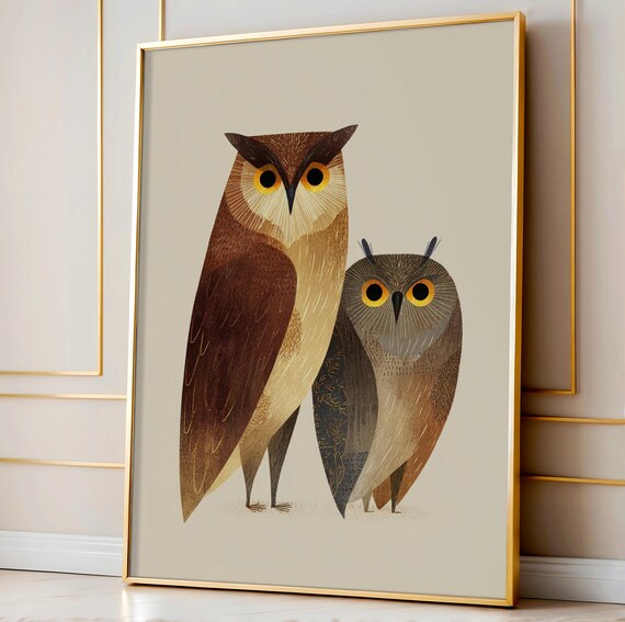 Two Owls Art Print Whimsical Duo Bird Illustration Cozy Wall For Nursery Kitchen Entryway Or Unique Gift