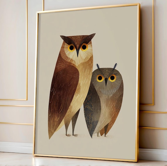 Two Whimsical Owls Duo Bird Illustration Nursery Art Poster for Kids Rooms