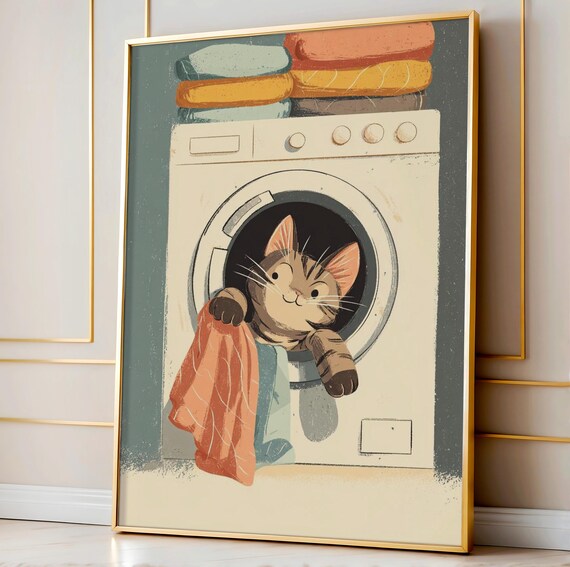 Whimsical Tabby Cat in Washing Machine Retro Laundry Day Poster