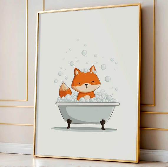 Fox In Bathtub Bathroom Wall Art Funny For Kids Cute Animal Decor