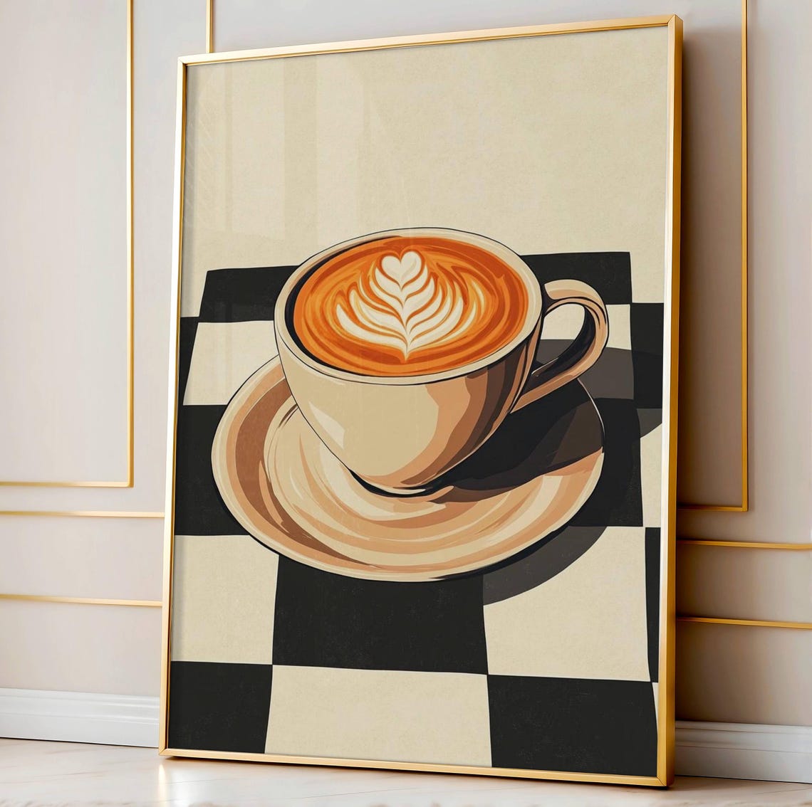 Retro Cappuccino Cup Latte Art Checkered Table Kitchen Poster