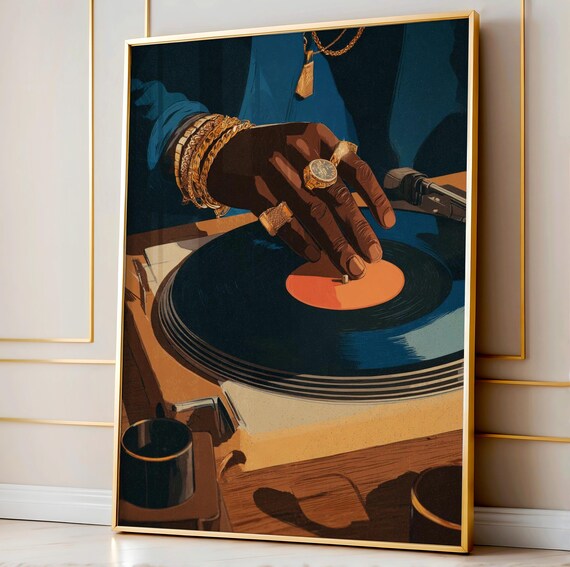 DJ Turntable Vinyl Record Gold Jewelry Hip Hop Illustration Poster