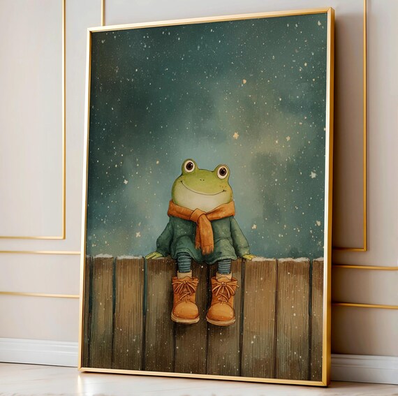 Cozy Winter Frog on Snowy Wooden Fence Nighttime Animal Poster