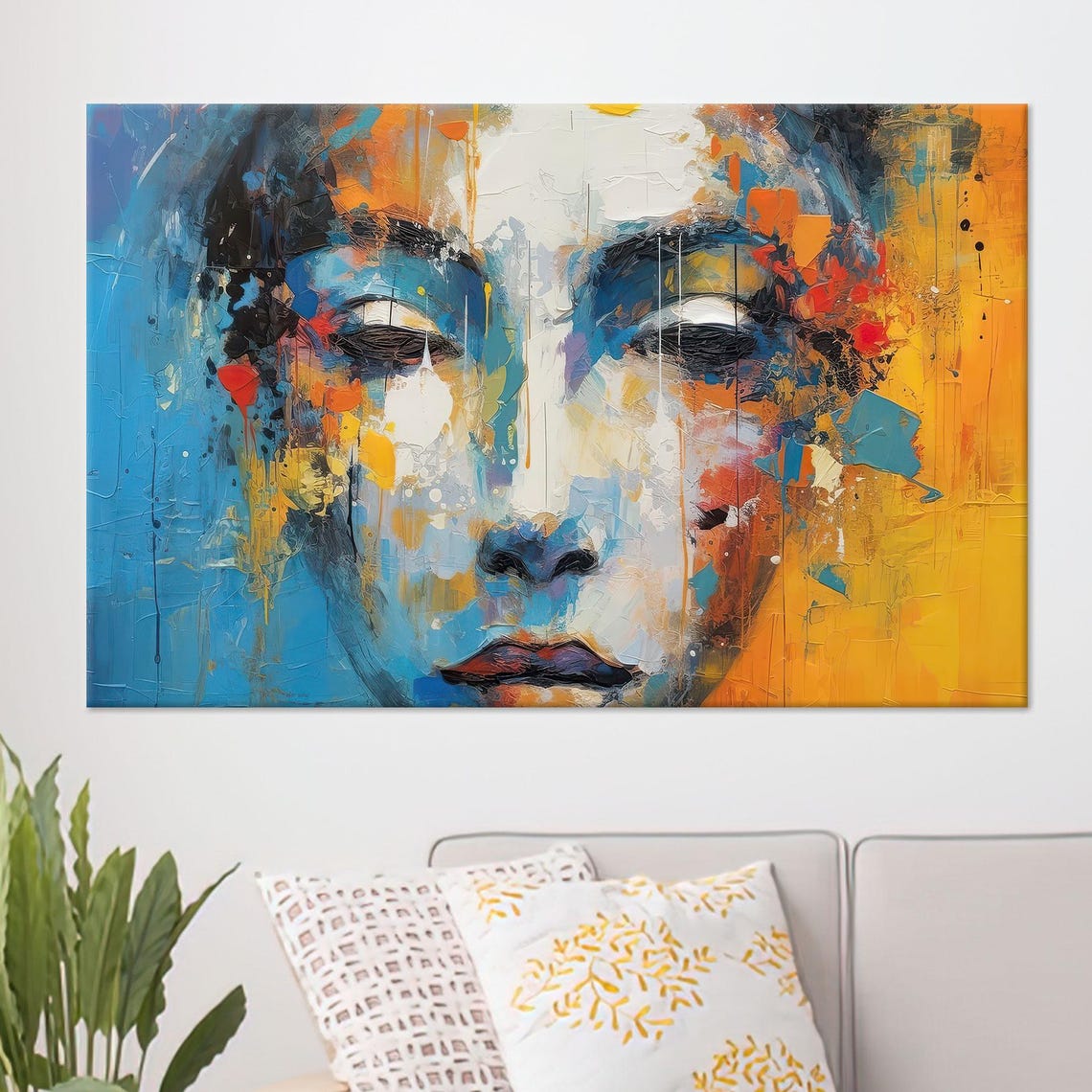 Abstract Woman Face Portrait Bold Blue Orange Expressionist Poster