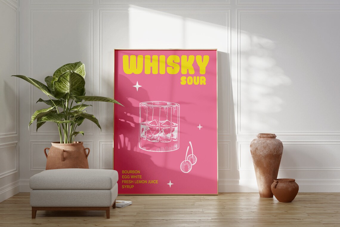 Whisky Sour Pink Cocktail Recipe Retro Vintage Bar Wall Poster - Image 4