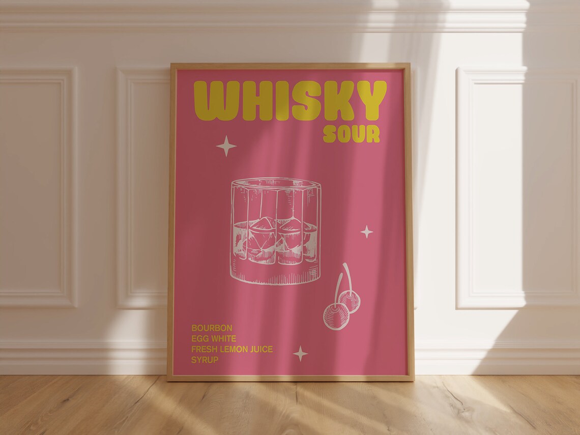 Whisky Sour Pink Cocktail Recipe Retro Vintage Bar Wall Poster