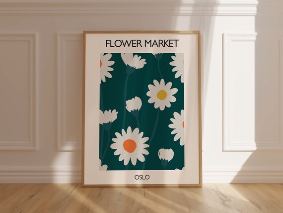 Flower Market Oslo White Daisy Floral Vintage Poster on Teal