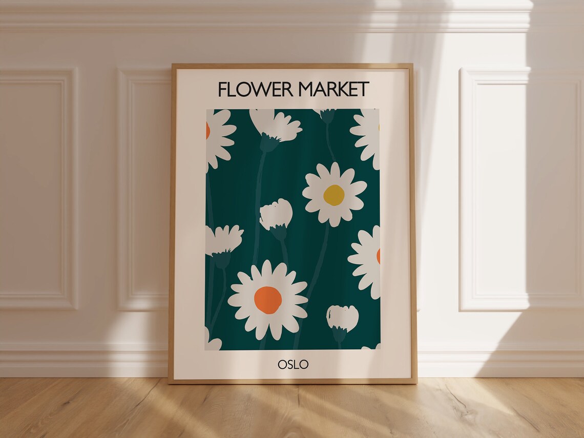 Flower Market Oslo White Daisy Floral Vintage Poster on Teal