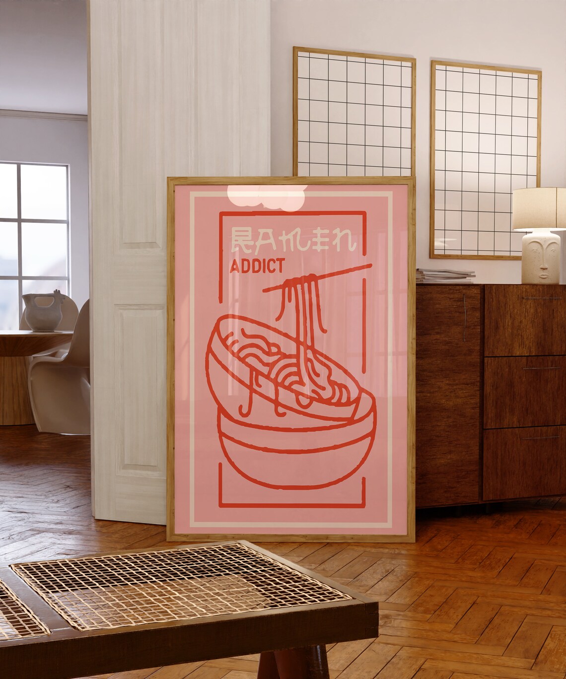 Playful Pink Ramen Addict Noodle Bowl Japanese Line Art Food Poster - Image 5