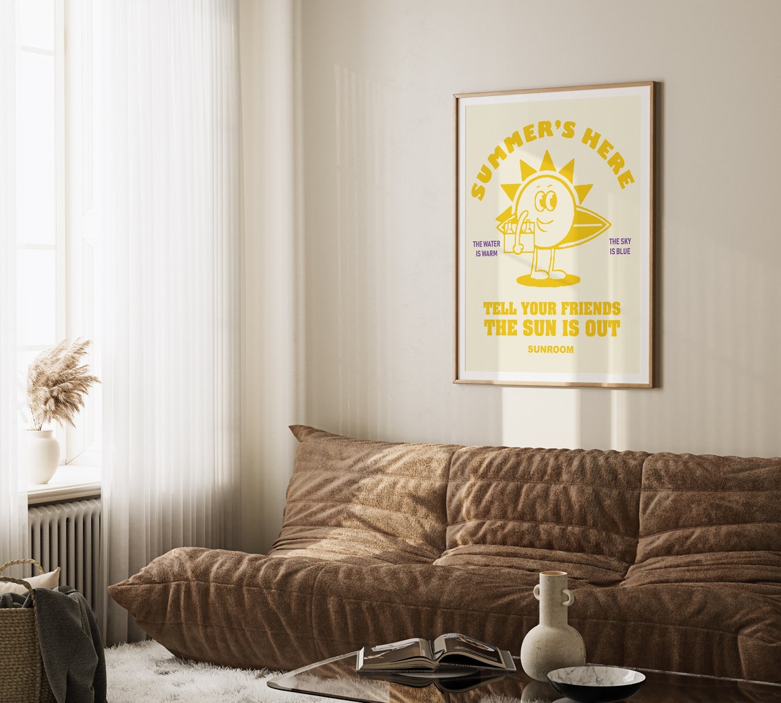 Summer's Here Retro Smiling Sun Mascot Sunshine Quote Poster - Image 2
