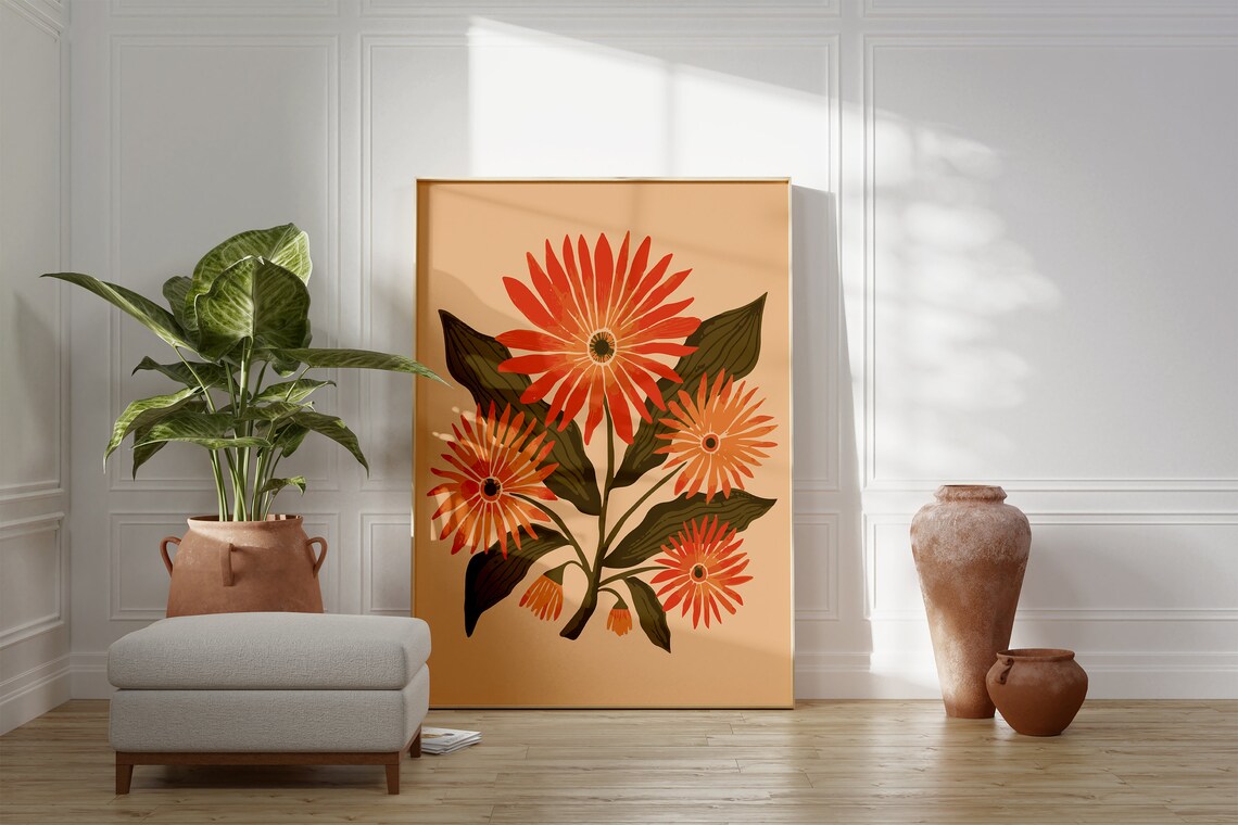 Orange Daisy Blossoms on Peach Modern Botanical Flower Art Poster - Image 4