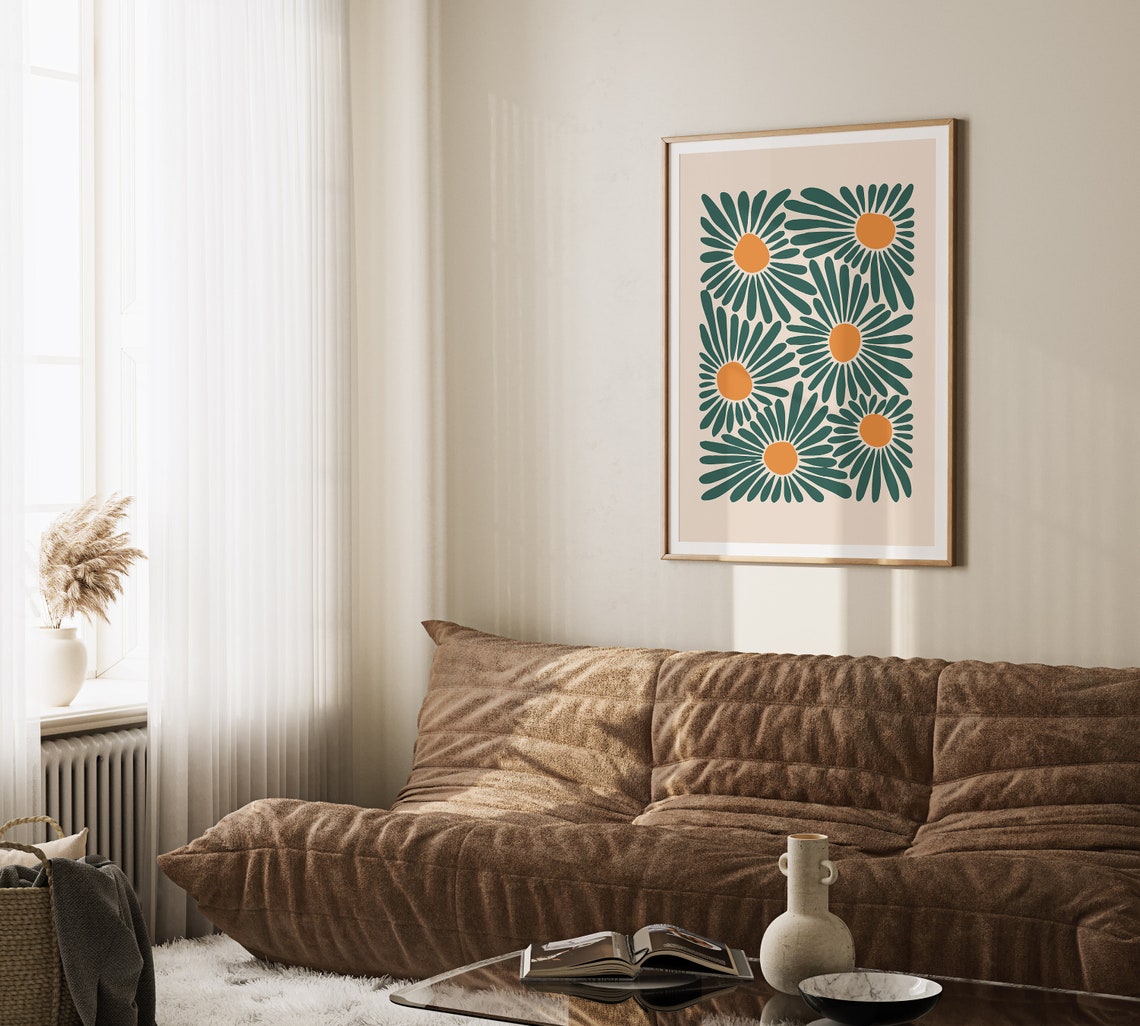 Green Terracotta Daisy Bloom Pattern Modern Floral Retro Poster - Image 2