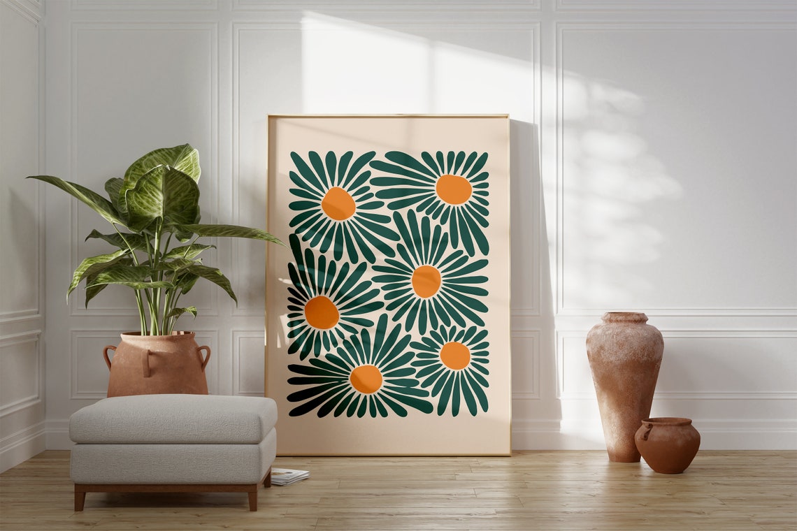 Green Terracotta Daisy Bloom Pattern Modern Floral Retro Poster - Image 3