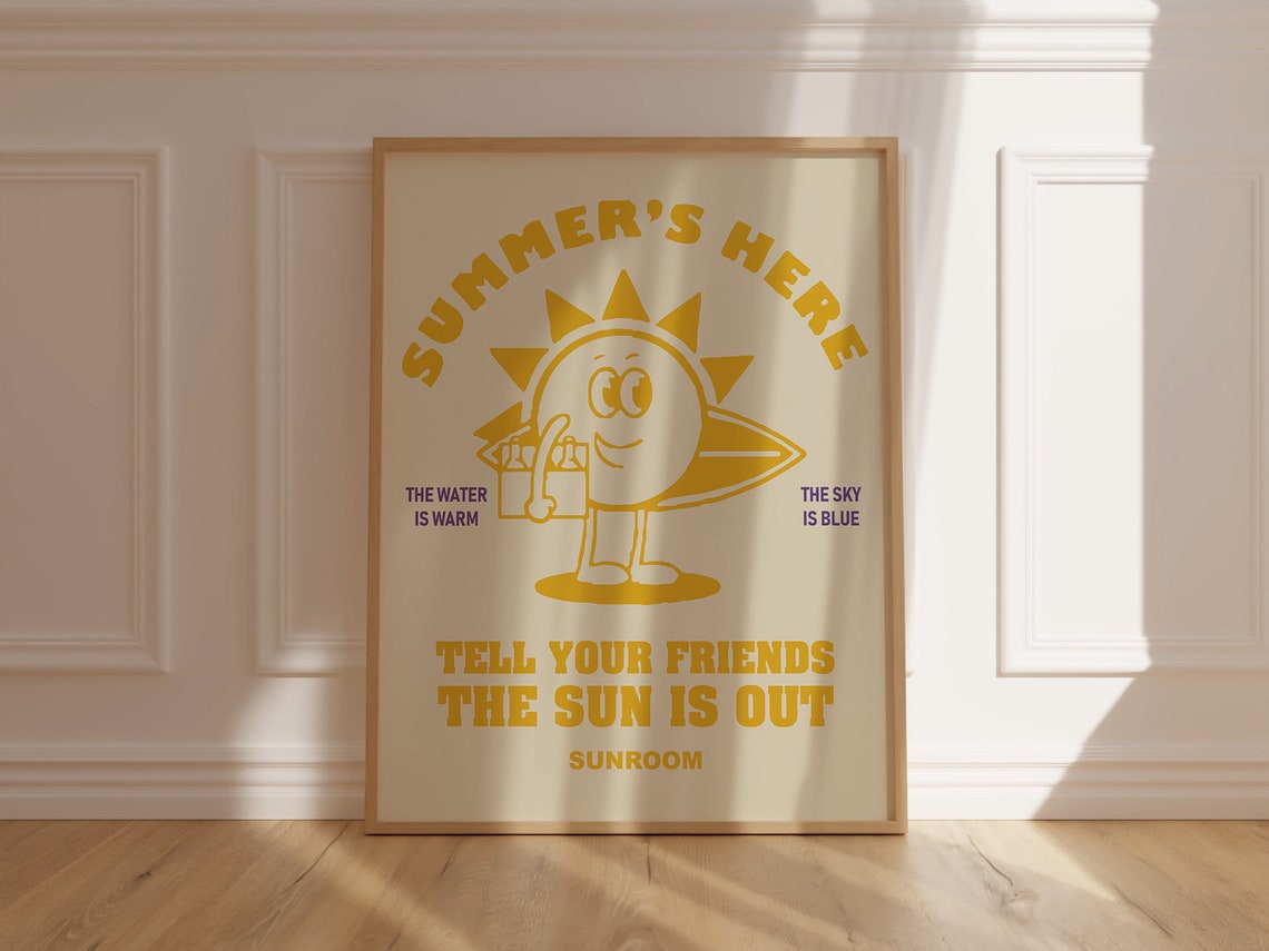 Summer's Here Retro Smiling Sun Mascot Sunshine Quote Poster