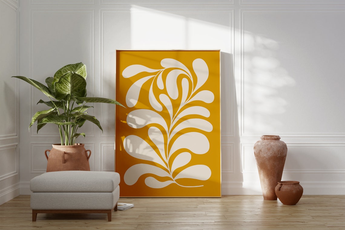 Mustard Yellow Abstract White Curving Leaf Motif Decorative Poster - Image 4