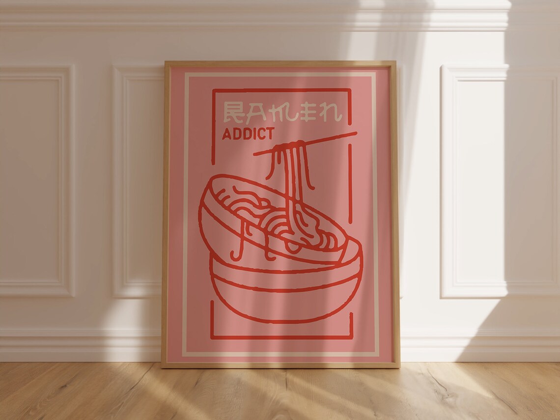 Playful Pink Ramen Addict Noodle Bowl Japanese Line Art Food Poster