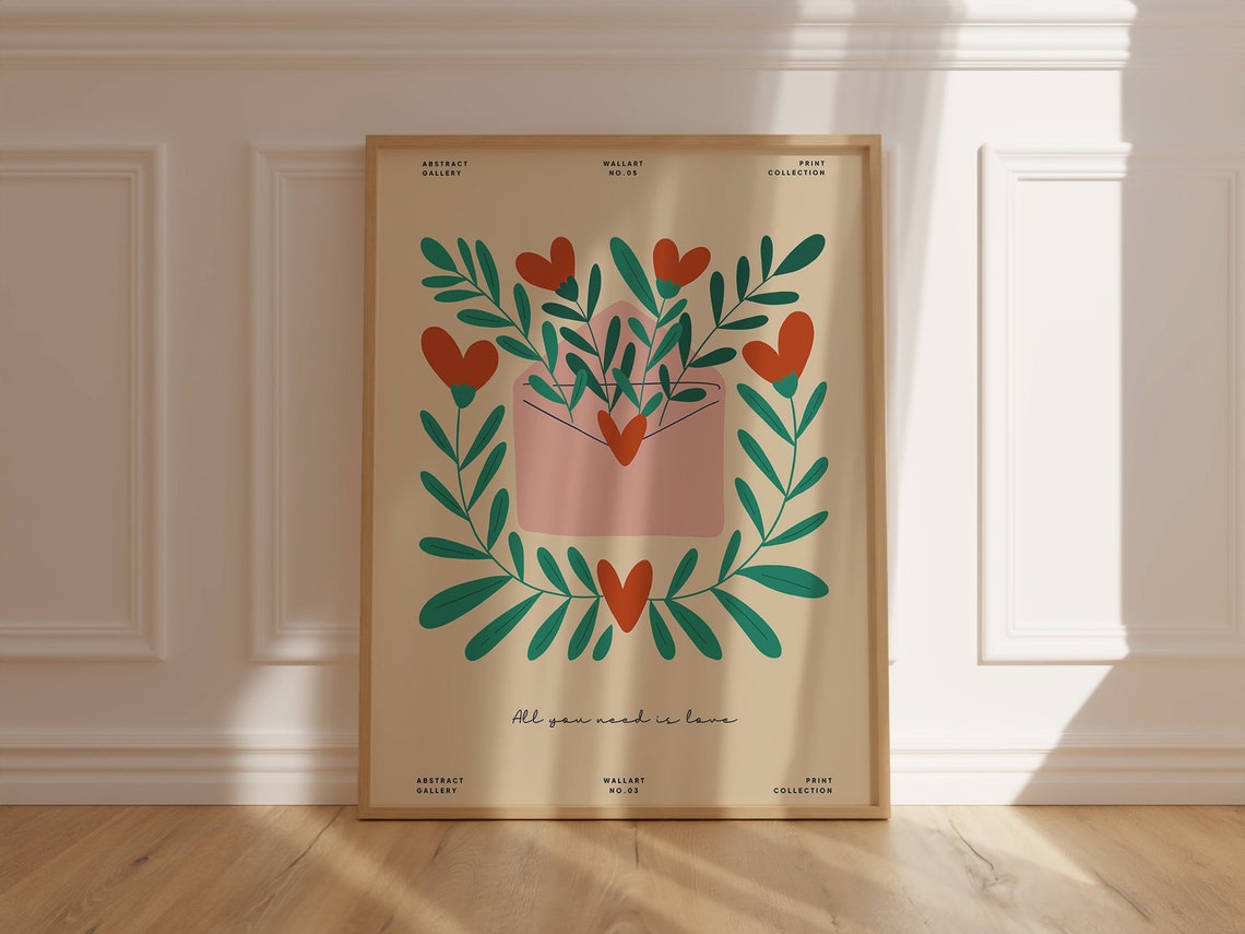 All You Need Is Love Pink Envelope Hearts Romantic Botanical Poster
