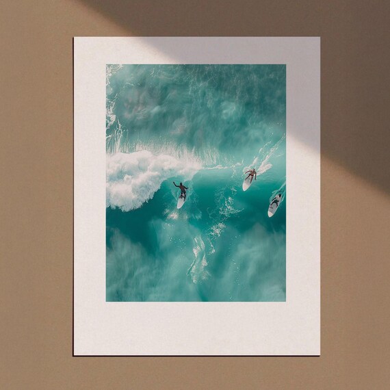 Surfers Riding Big Wave Aerial Turquoise Ocean Surf Photo Poster