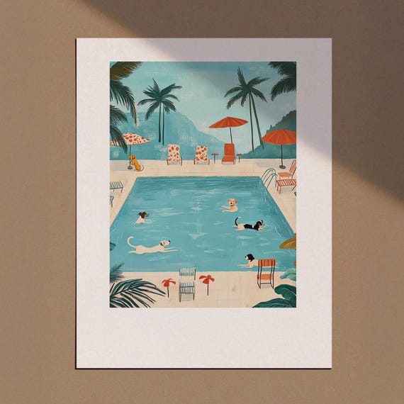 Funny Swimming Dogs Print Pet Pool Bathroom Decor Illustrations Surfing Poster Surf Wall Art Dog Lover Gifts