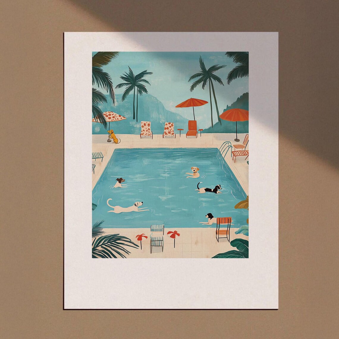 Pool Party Dogs Tropical Retro Summer Fun Dog Lovers Art Poster