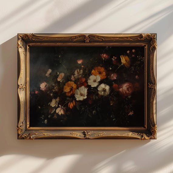 Vintage Fall Floral Print Dark Autumn Flower Painting Moody Botanical Fall Decor Thanksgiving Wall Art 727