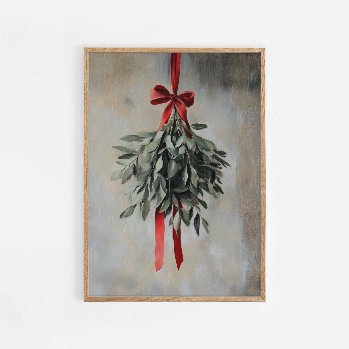 Hanging Mistletoe Red Ribbon Vintage Style Christmas Holiday Poster