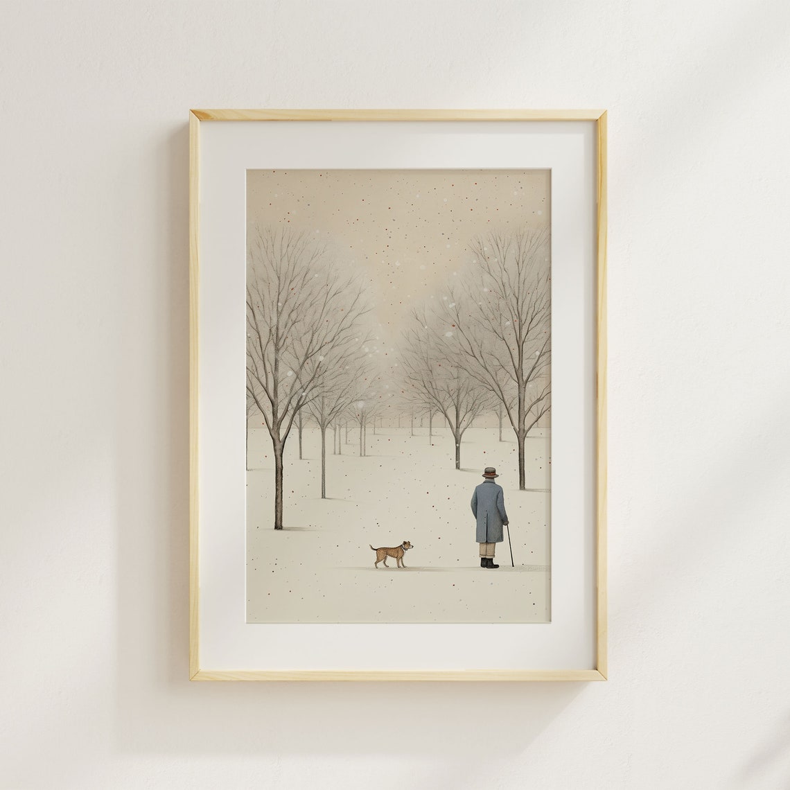 Old Man Walking Dog in Snow Among Bare Trees Winter Scene Poster - Image 2