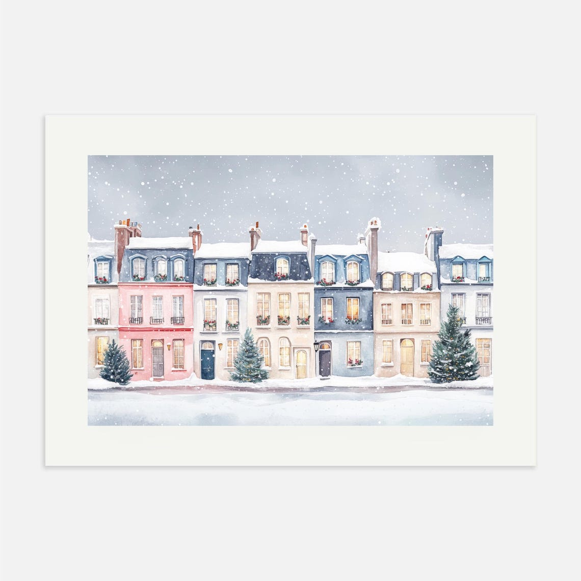Pastel Snow Village Street Winter Holiday Watercolor Art Poster - Image 3