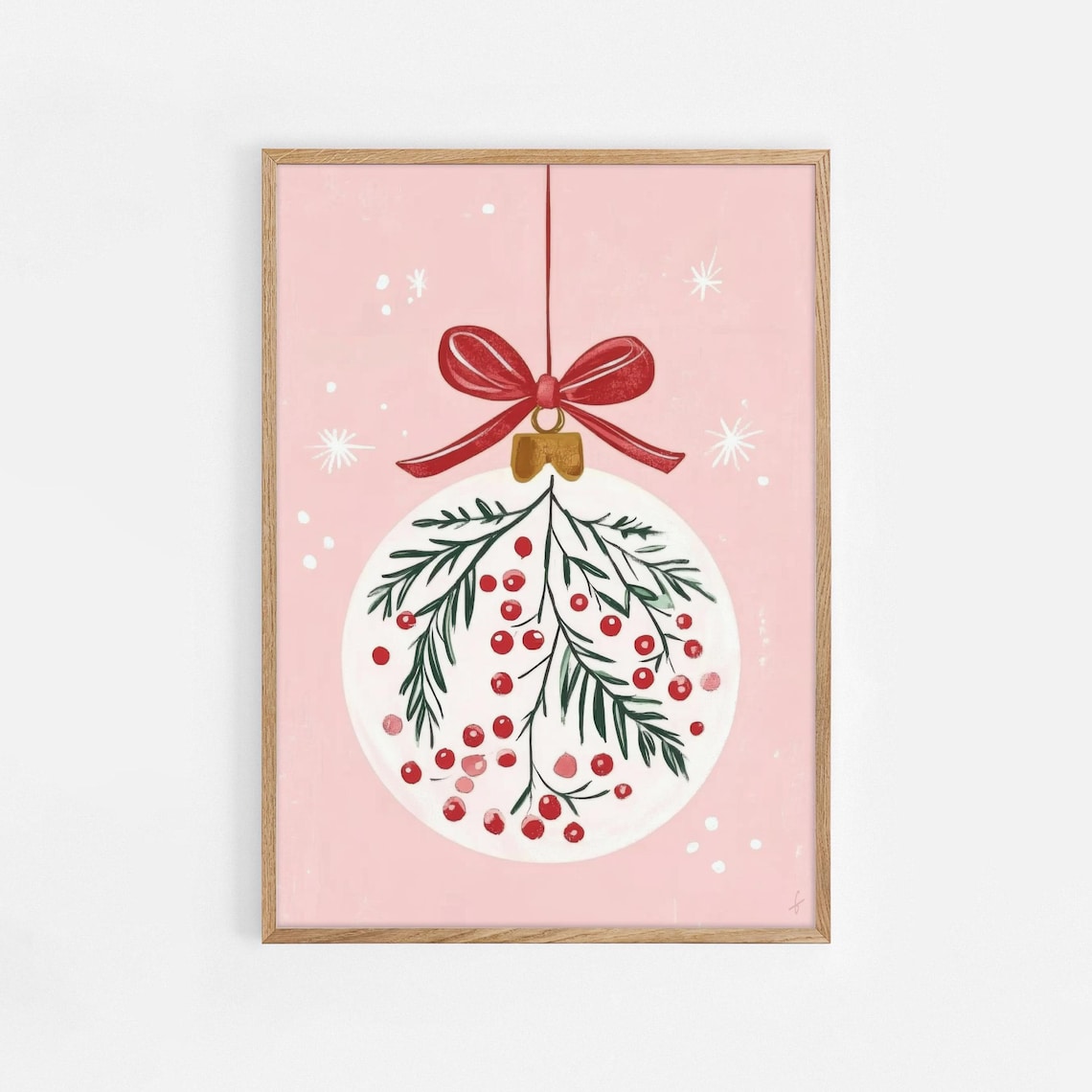 Pink Christmas Bauble With Red Bow Winter Berry Ornament Art Poster