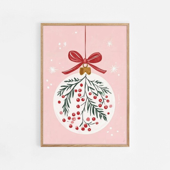 Pink Christmas Bauble With Red Bow Winter Berry Ornament Art Poster