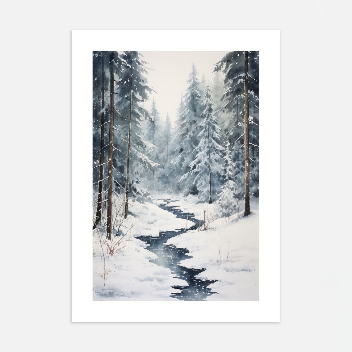 Neutral Snowy Pine Forest Stream Winter Watercolor Muted Poster - Image 4