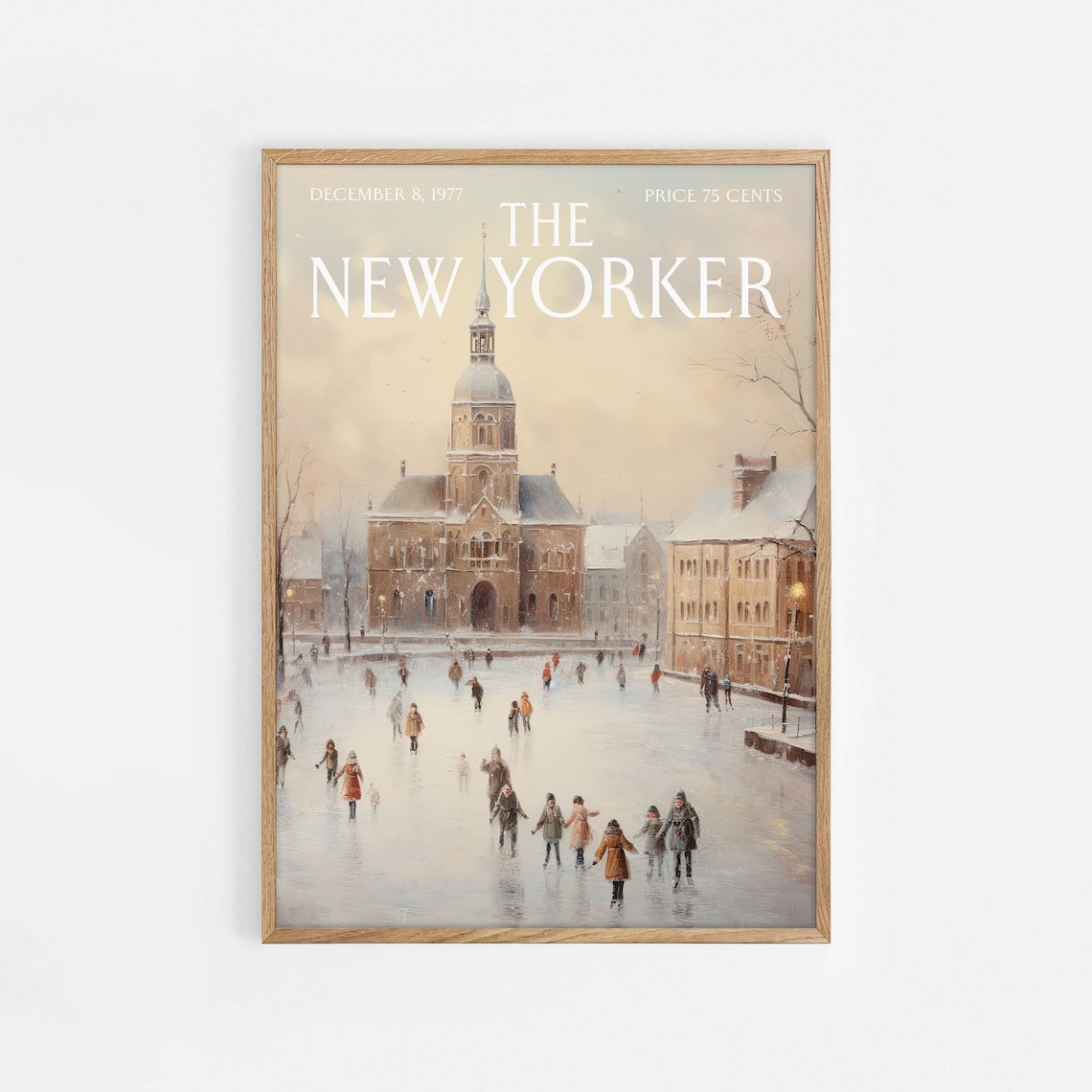 New Yorker Poster Vintage Ice Skating Painting The Magazine Cover Print Winter Wall Art Christmas Season