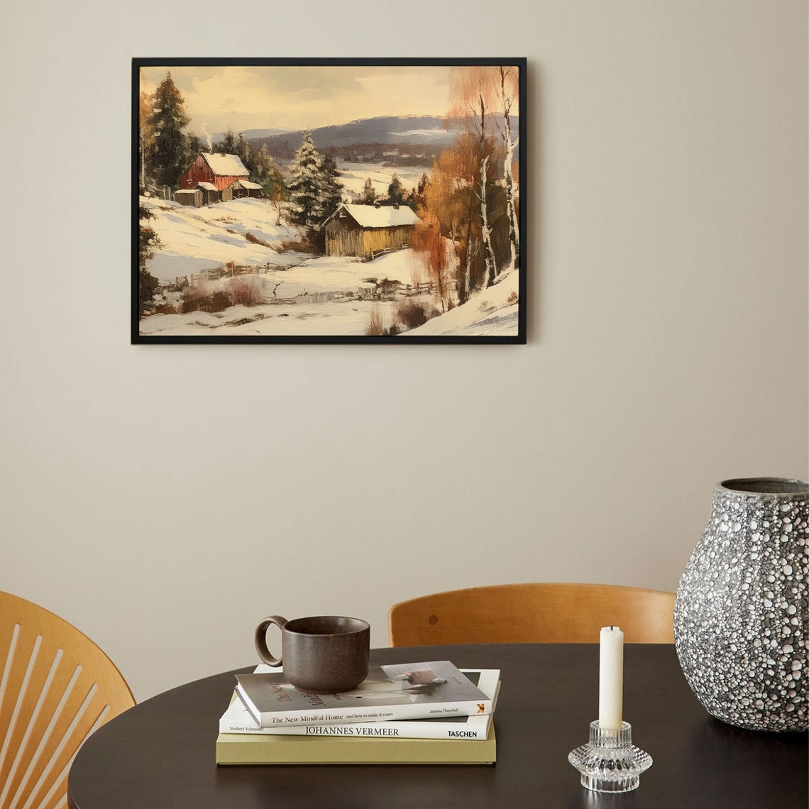 Snowy Red Barn Winter Countryside Vintage Landscape Wall Art - Image 3