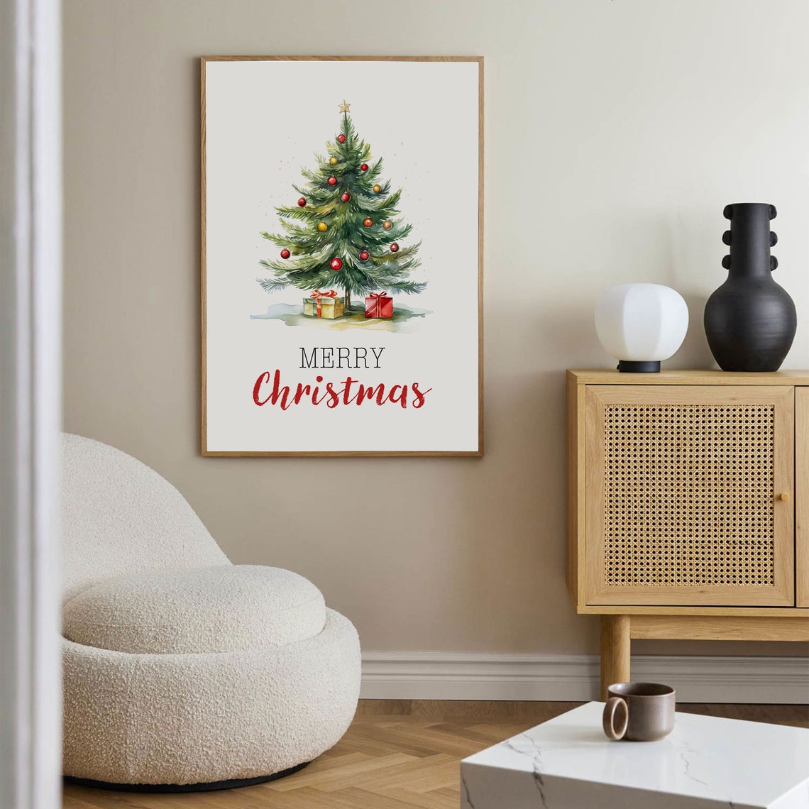 Merry Christmas Watercolor Tree Gifts Holiday Greeting Poster - Image 3