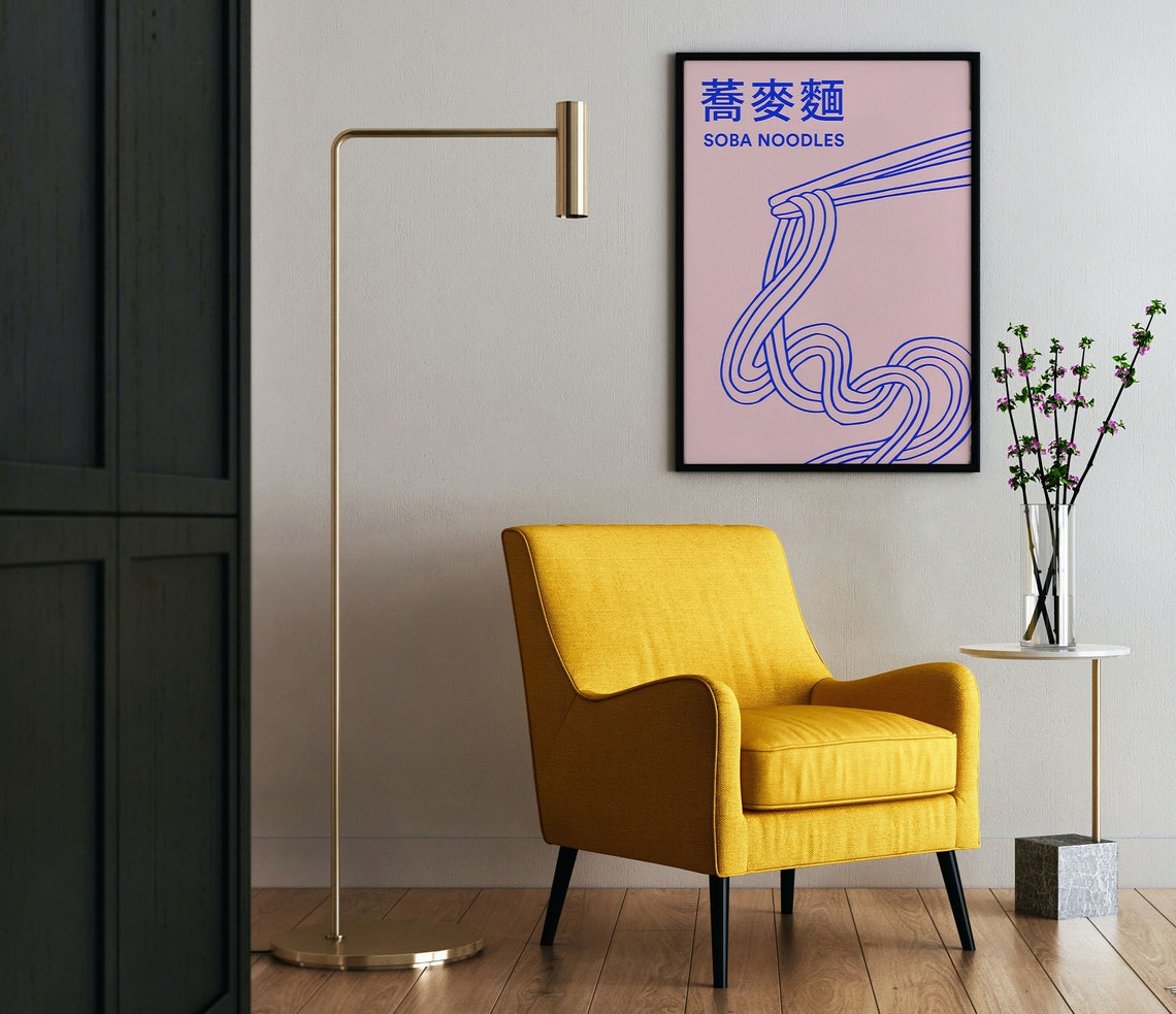 Soba Noodles Blue Line Art Pink Minimalist Japanese Kitchen Poster - Image 4