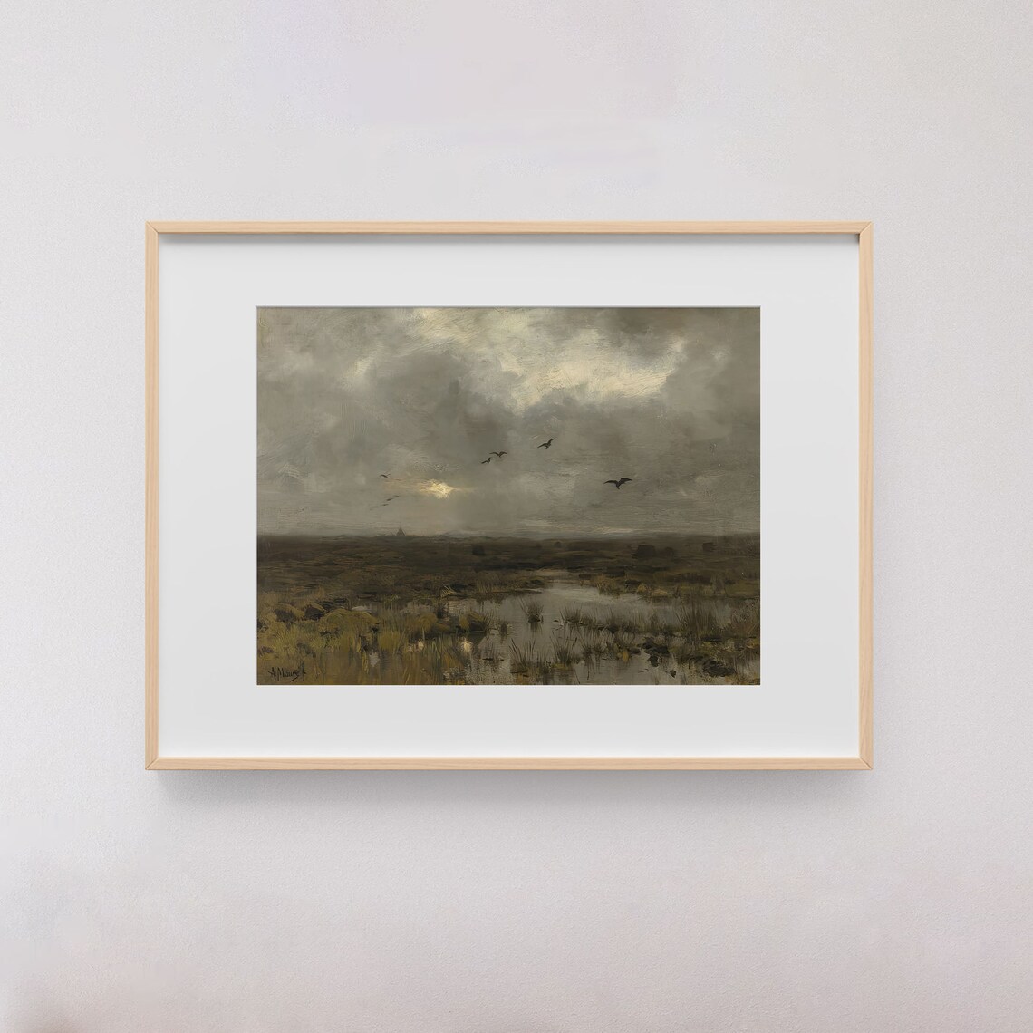 Moody Vintage Marsh Landscape Oil Painting Birds Cloudy Sky Poster - Image 2
